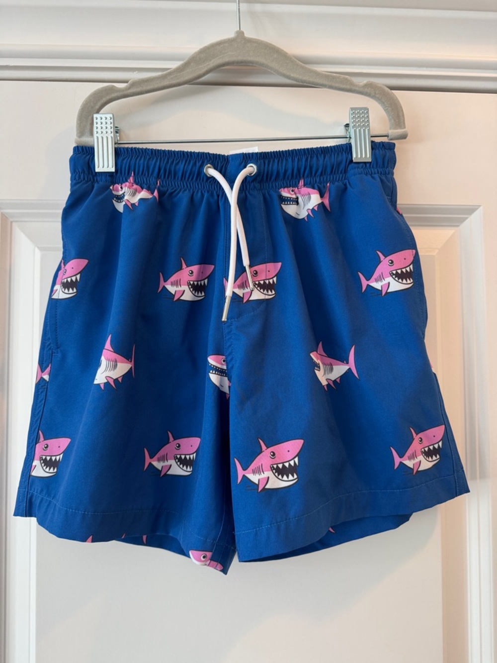 Kids Blue Shark Print Swim Trunks - Pink Sharks